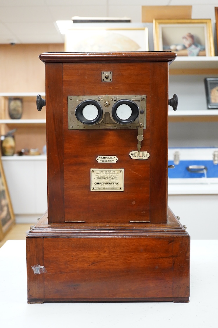 A late 19th century French mahogany Taxiphote stereoscopic table top viewer, 51cm high, 33cm wide